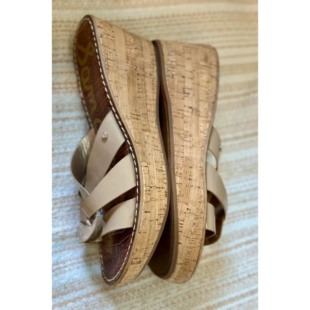 Sam Edelman Women Size 9.5 Nude Raynere Patent Cork Wedge Slip On Sandals